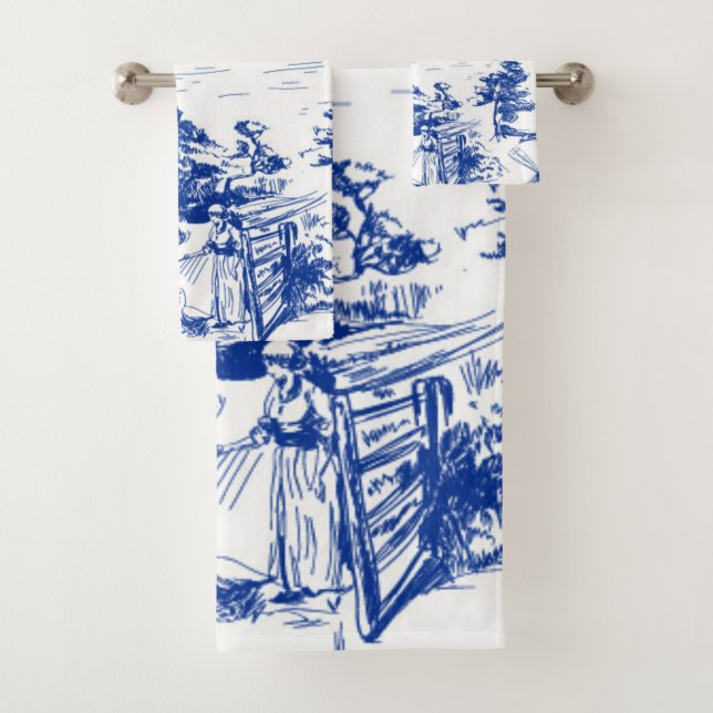Blue French Toile Round Bath Towel Set (Insitu)
