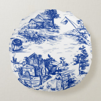 Blue French Toile Round Cushion