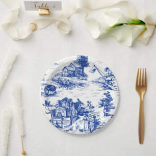 Blue French Toile Round Paper Plate
