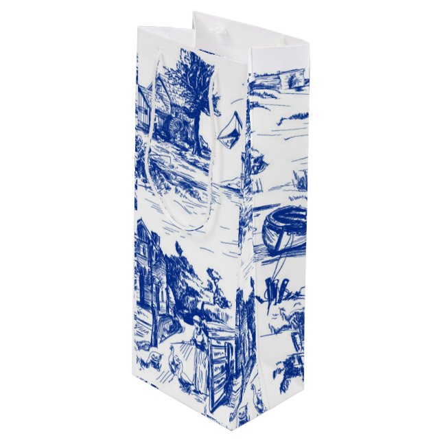 Blue French Toile Wine Gift Bag (Front Angled)