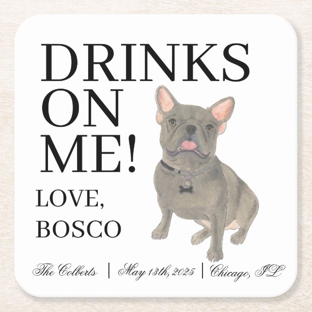 Blue Frenchie French Bulldog Wedding Square Paper Coaster (Front)