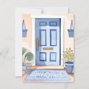 Blue Front Door   New House Watercolor Painting Postcard