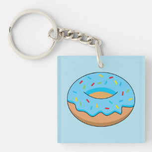 Blue Frosted Doughnut with Sprinkles Cartoon Key Ring