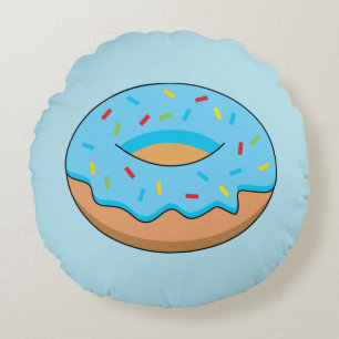 Blue Frosted Doughnut with Sprinkles Cartoon Round Cushion