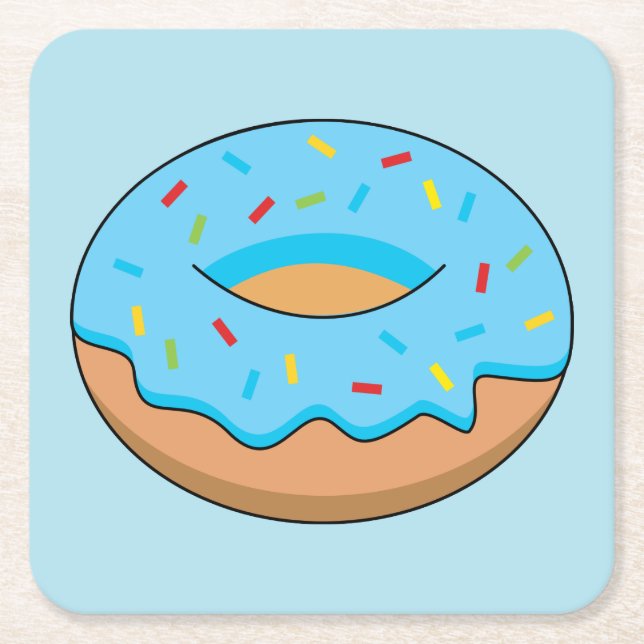 Blue Frosted Doughnut with Sprinkles Cartoon Square Paper Coaster (Front)