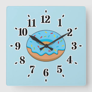 Blue Frosted Doughnut with Sprinkles Cartoon Square Wall Clock