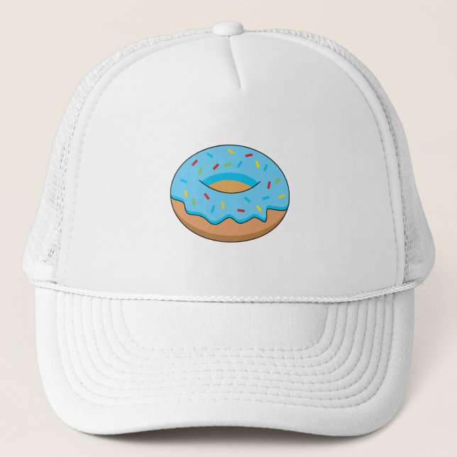 Blue Frosted Doughnut with Sprinkles Cartoon Trucker Hat (Front)