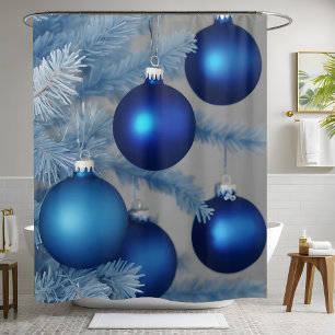 Blue Frosted Ornaments White Tree Christmas  Shower Curtain