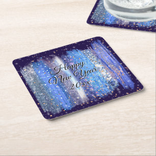 Blue Frosty Brush Strokes Happy New Year 20xx Square Paper Coaster