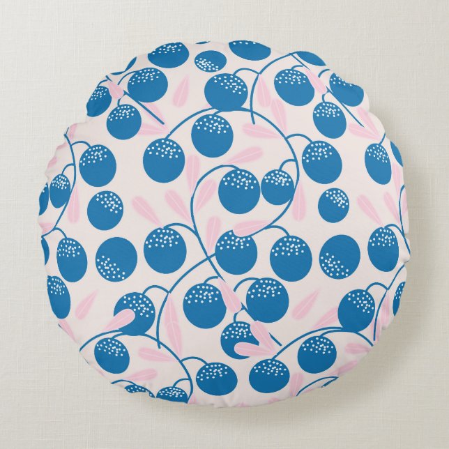 Blue fruits, pink leaves, seamless design. round cushion (Front)