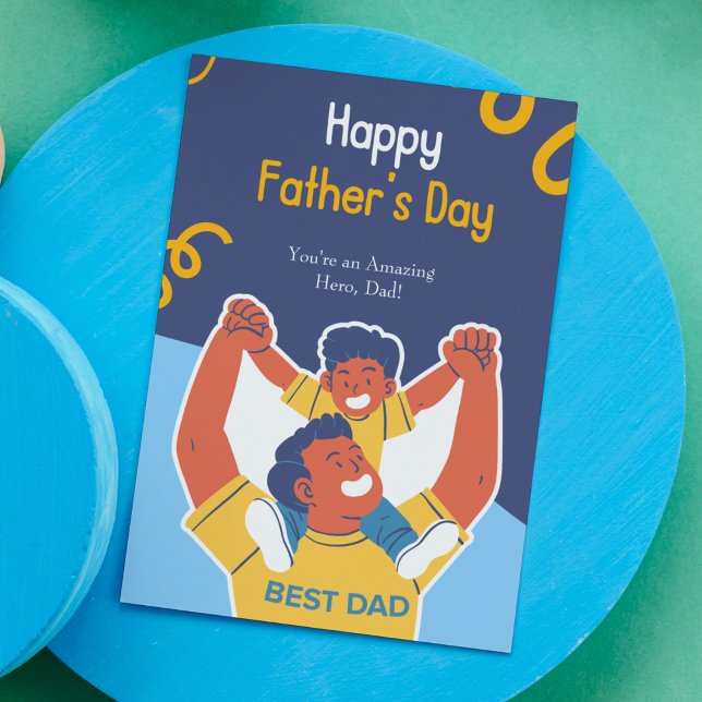 Blue Fun Father - Son Illustrated Happy Father Day Postcard (Creator Uploaded)
