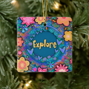 Blue Fun Floral Colorful Pretty Explore   Ceramic Ornament