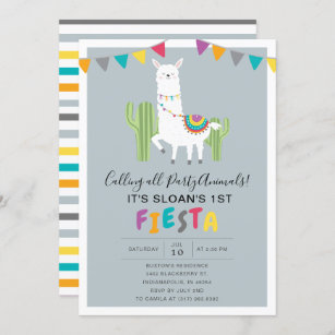 Blue Fun Llama Fiesta Birthday Party Invitation