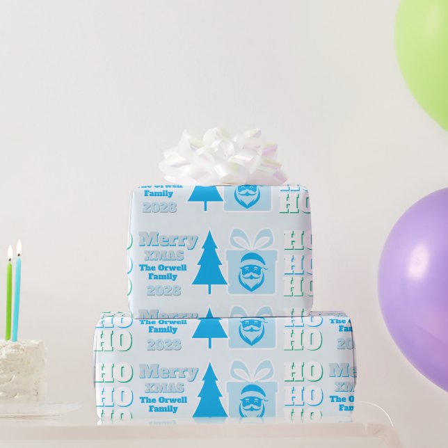 blue fun Santa Face Logo  Ho Ho Ho Message Text   Wrapping Paper (Party Gifts)