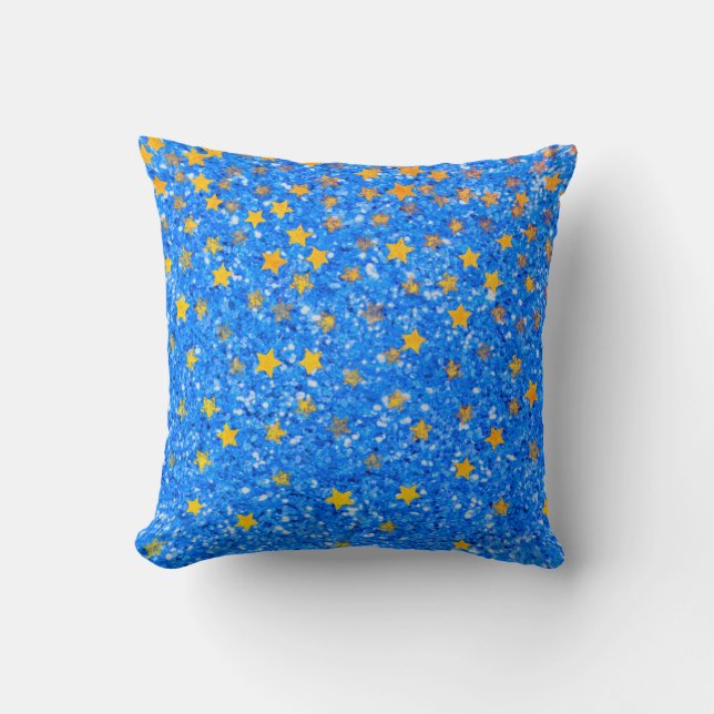 Blue fun sparkling pattern , glamourous gold stars cushion (Front)