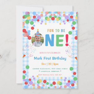 Blue Fun to Be One Photo First Birthday Invitation