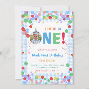 Blue Fun to Be One Photo  First Birthday Invitation