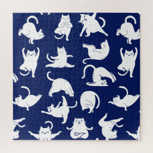 Blue Funny Cat In Yoga Sports Jigsaw Puzzle