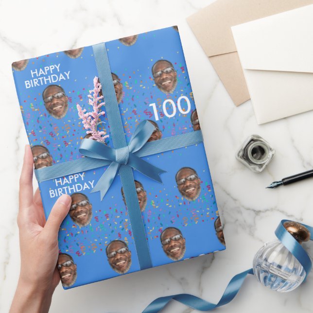 Blue Funny Custom Face Photo 100th Birthday Party Wrapping Paper (Gifting)