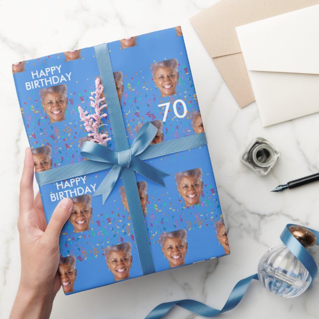 Blue Funny Custom Face Photo 70th Birthday Party Wrapping Paper (Gifting)