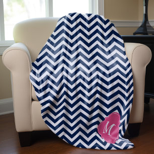 Blue & Fuschia Zigzag Pattern Monogram Fleece Blanket