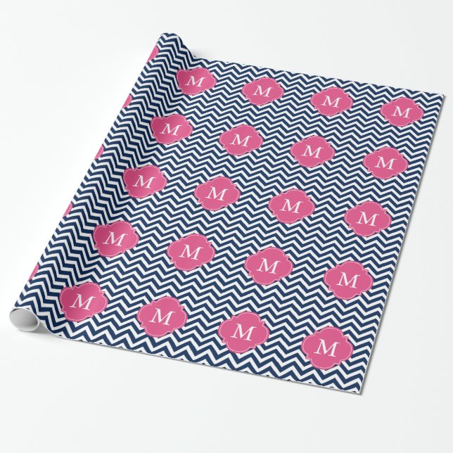 Blue & Fuschia Zigzags Pattern Monogram Wrapping Paper (Unrolled)