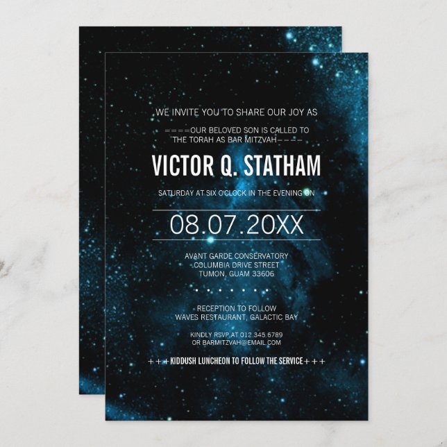 Blue Galaxy Bar Mitzvah Party Invite (Front/Back)