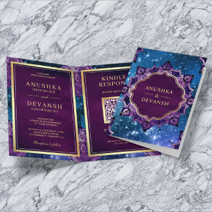 Blue Galaxy Purple Mandala QR Code Indian Wedding Invitation