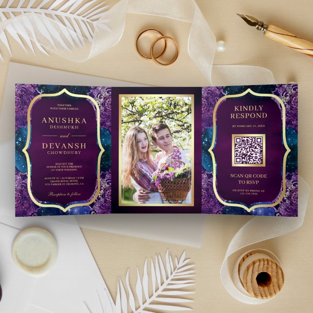 Blue Galaxy Purple Mandala QR Code Indian Wedding Tri-Fold Invitation (Creator Uploaded)