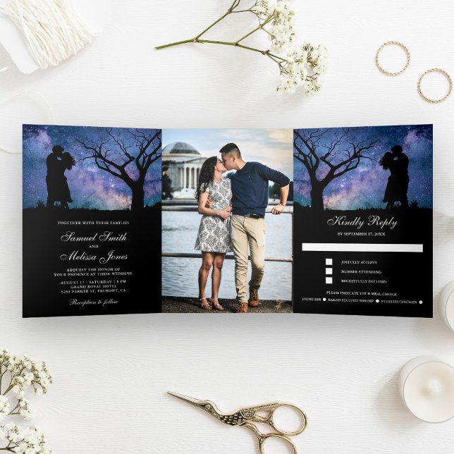 Blue Galaxy Romantic Couple Photo Wedding Tri-Fold Invitation (Creator Uploaded)