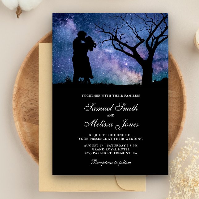 Blue Galaxy Romantic Couple Silhouette Wedding Invitation (Creator Uploaded)