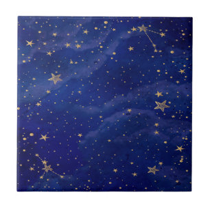 Blue Galaxy with Golden Stars Tile
