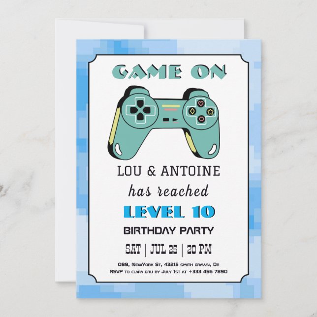 Blue Gamer Birthday Invitation (Front)