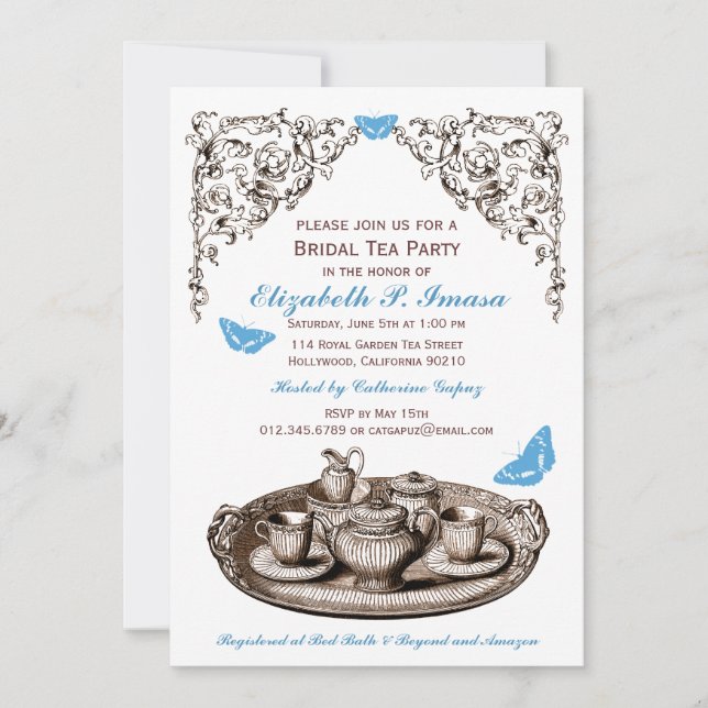 Blue Garden Bridal Tea Party Invitations (Front)