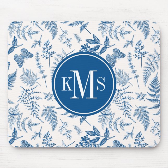 Blue Garden Butterfly & Floral Garden Pattern Mouse Pad (Front)