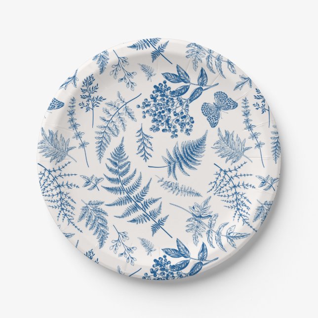 Blue Garden Butterfly & Floral Garden Pattern Paper Plate (Front)