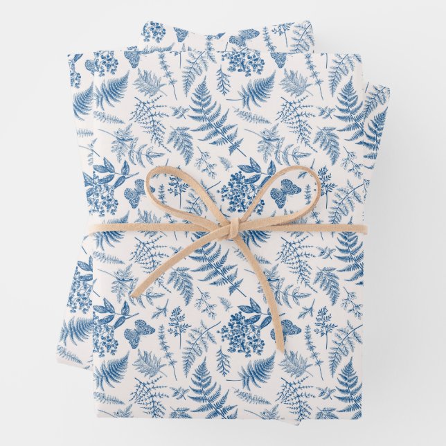 Blue Garden Butterfly & Floral Garden Pattern Wrapping Paper Sheet (In situ)