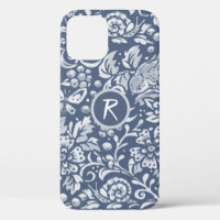 Blue Garden Floral Bird Snail Monogram Denim