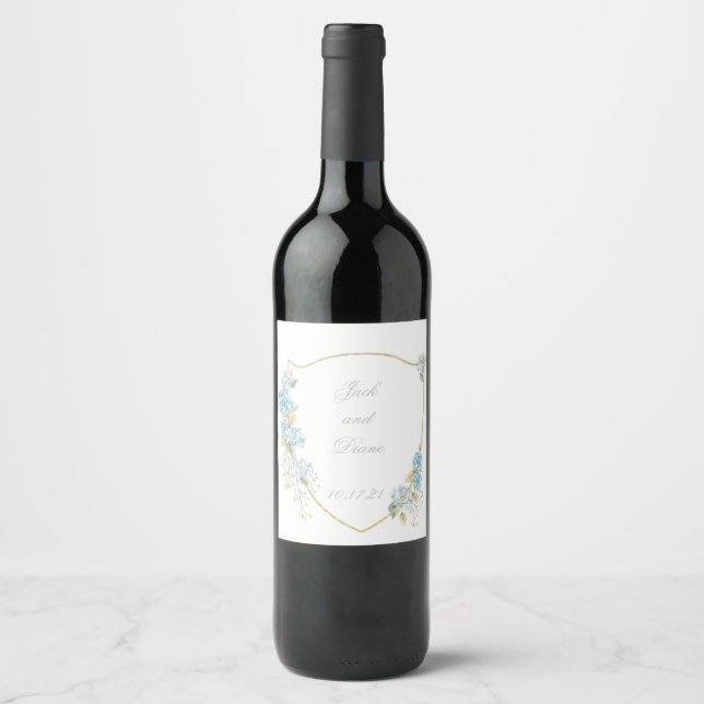 Blue Garden Flowers Wedding Wine Label (Front)