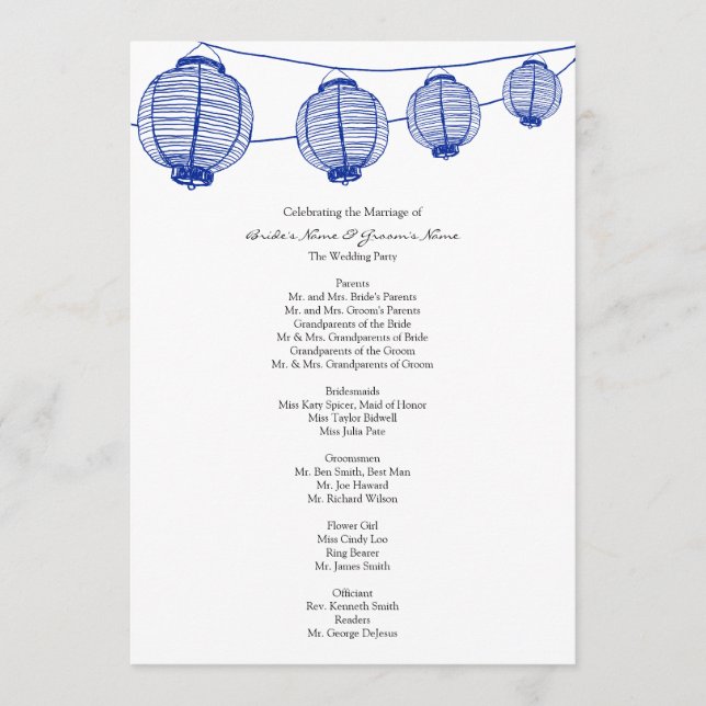 Blue Garden Lanterns Wedding Program Programme (Front)
