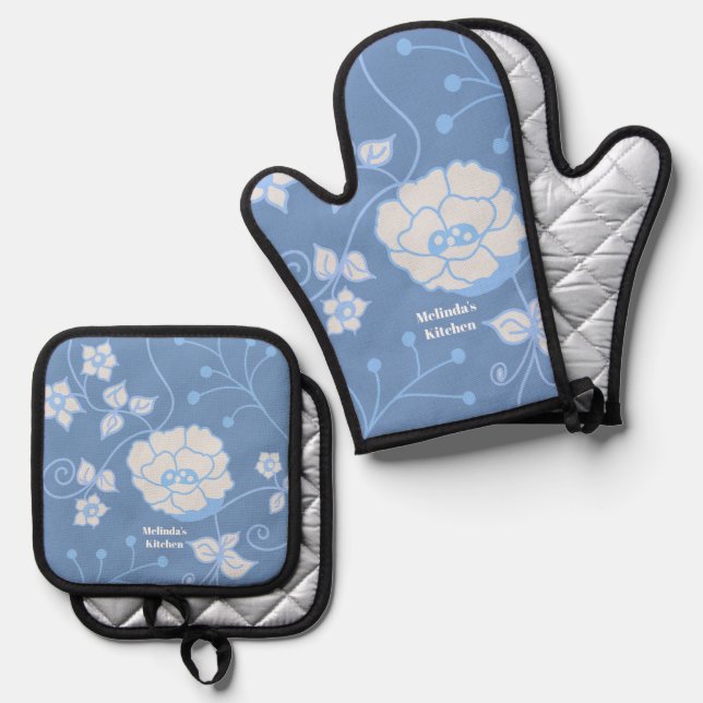 Blue Garden Oven Mitt & Pot Holder Set (Front/Back)