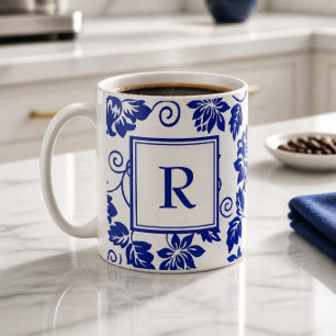 Blue Garden Pattern Monogram Coffee Mug