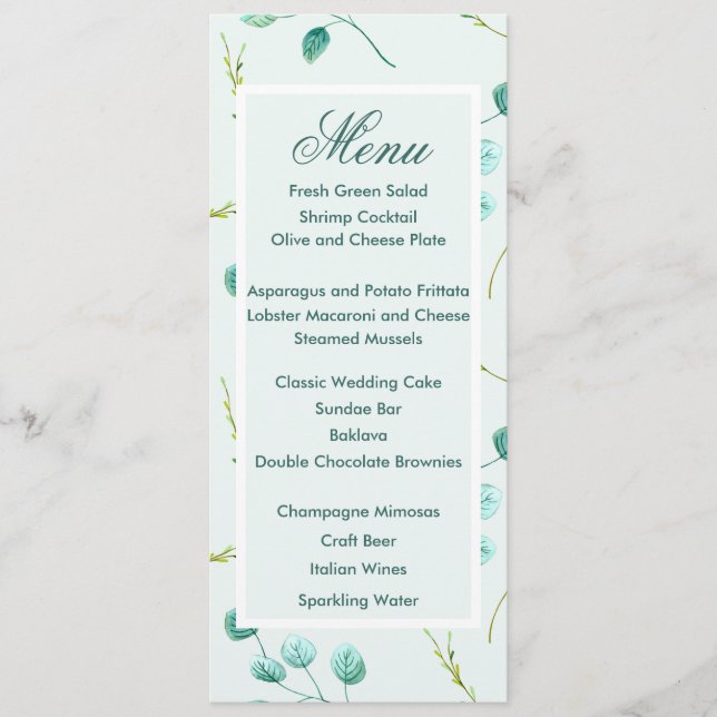Blue Garden Watercolor Stems Wedding Menu (Front)