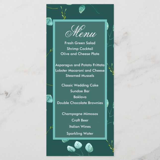 Blue Garden Watercolor Stems Wedding Menu (Front)