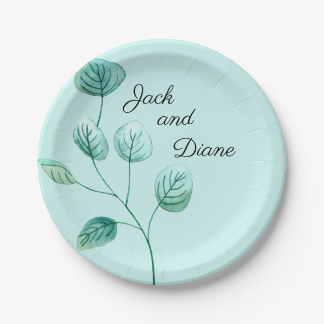Blue Garden Watercolor Stems Wedding Paper Plate (Front)