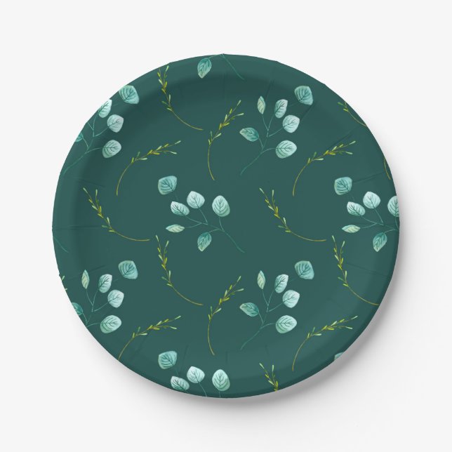 Blue Garden Watercolor Stems Wedding Paper Plate (Front)