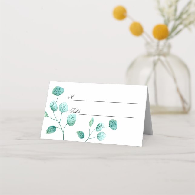Blue Garden Watercolor Stems Wedding Place Card (Front)