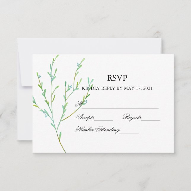 Blue Garden Watercolor Stems Wedding RSVP Card (Front)
