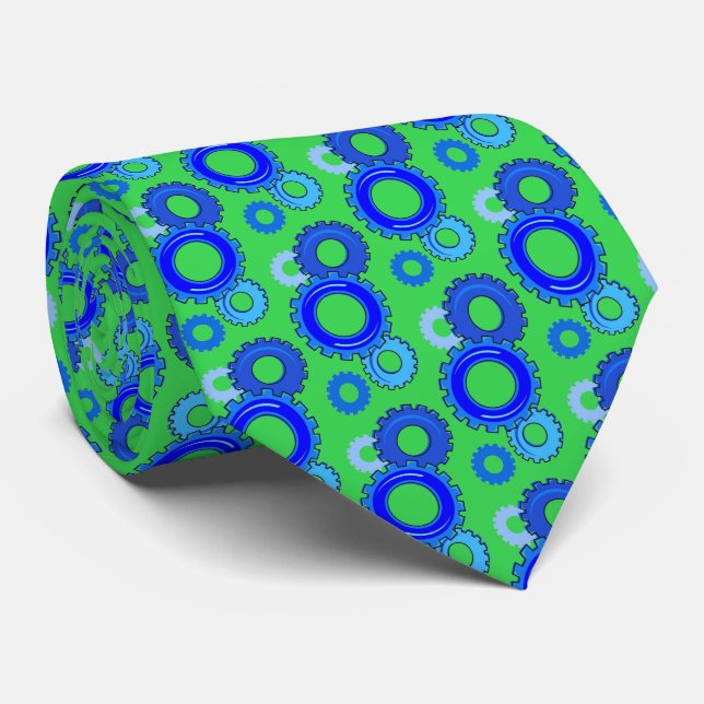 Blue Gears on Green Mechanical Industrial Style Tie (Rolled)