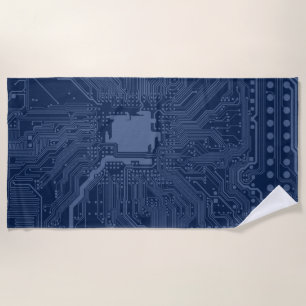 Blue Geek Motherboard Circuit Pattern Beach Towel